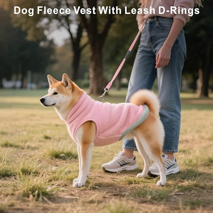 Idepet 2 Pack Dog Fleece Vest Sweater Warm Pullover Jacket with D-Ring Leash Reflective Winter Coat Hoodie for French Bulldog Pug Chihuahuas Yorkies Dachshunds(Purple&Pink,Large-French Bulldog)