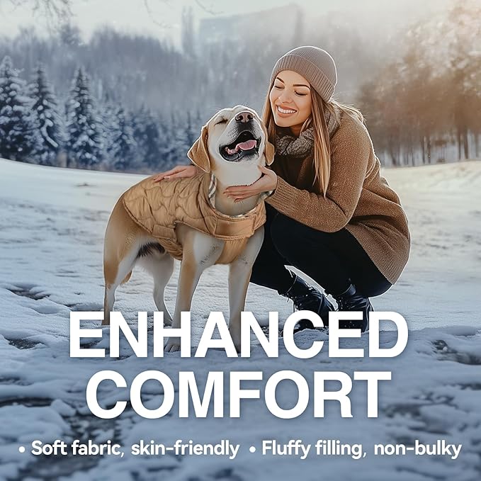 VIVAGLORY Softjoy Dog Coat, Dog Jacket for Winter & Christmas, Coat with Harness Hole & Velcro Closure, Reversible Plaid Checkered Warm Fluffy Heavy Duty for Puppy, XL, Khaki