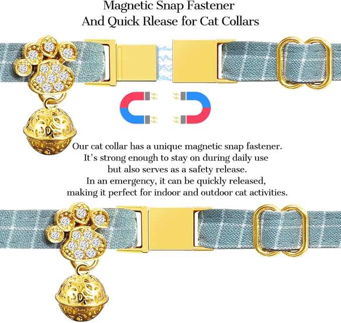 Personalized Breakaway Cat Collars - Magnetic Buckle, Bell - Safety Quick Release, Customized for Girls & Boys Cats- (Checkered-Cyan)