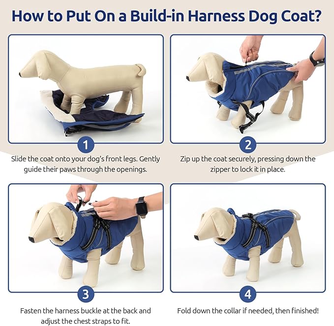 Dog Winter Coat with Harness Built in Warm Puffer Dog Jackets for Small Medium Large Dogs Windproof Waterproof Outfit with Plush Lining and Reflective Stripes (Blue, L)