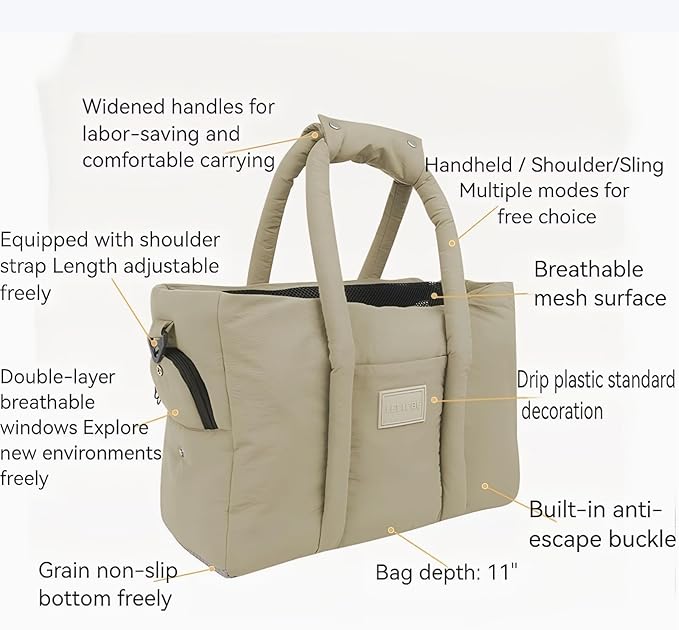 Dog Walking Bag Sling, Dog Carrier Purse with Safety Leash Clip,Warm Soft Sided Pet Carrier Purse for Small Medium Dogs Cats Portable Hands-Free Shoulder Tote for Outdoor Travel (Grayish Green)