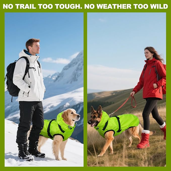 Dog Raincoat for Extra Large Dogs with Hood, Waterproof Dog Rain Jacket with Adjustable Built-in Harness & Back Zipper, Reflective Strip, for Rainy Walks, Muddy Roads - Fluorescent Green XXXXL