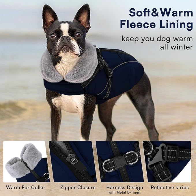 Queenmore Dog Coat,Windproof Dog Coat for Medium Dogs,Dogs Jackets with Harness Built in,Waterproof Doggy Coats with Zipper On Back,Reflective Cold Weather Coats for Dachshund,NavyBlue,M