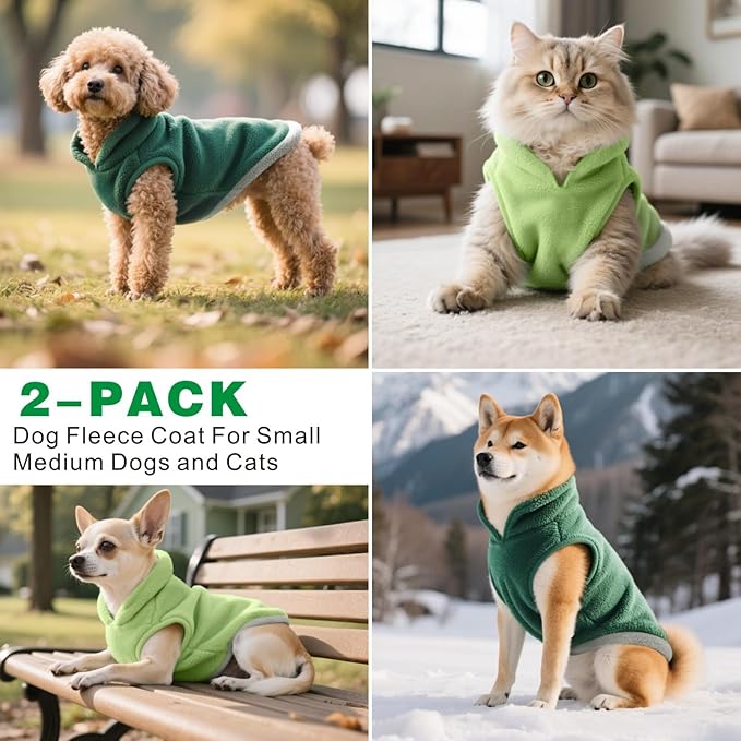 Idepet 2 Pack Dog Fleece Vest Sweater Warm Pullover Jacket with D-Ring Leash Reflective Winter Coat Hoodie for French Bulldog Pug Chihuahuas Yorkies Dachshunds(Dark Green&Grass Green,X-Small)