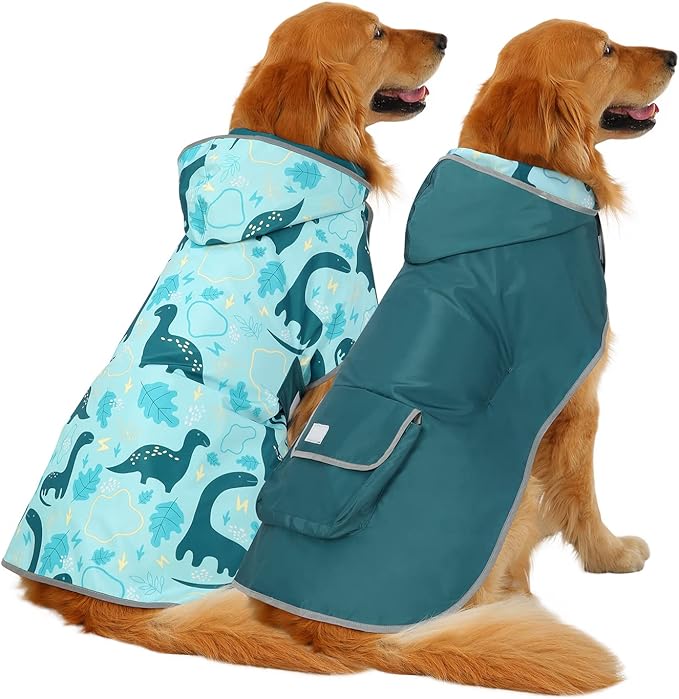 HDE Reversible Dog Raincoat Hooded Slicker Poncho Rain Coat Jacket for Small Medium Large Dogs Dinosaurs - 3XL