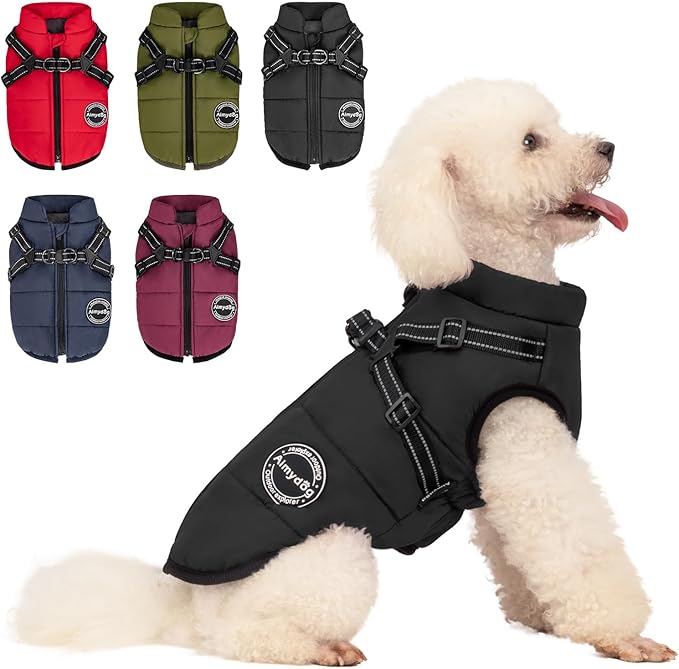 Warm Dog Jacket - Reflective Fleece Vest with Built-in Harness, Waterproof Windproof Snow Jacket for Small Medium Dogs, Black XS