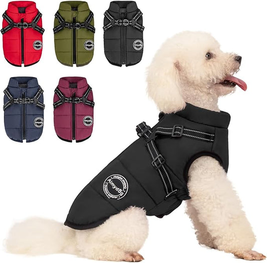 Warm Dog Jacket - Reflective Fleece Vest with Built-in Harness, Waterproof Windproof Snow Jacket for Small Medium Dogs, Black XS