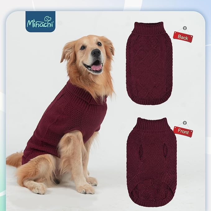 Mihachi Turtleneck Dog Sweater - Winter Coat Apparel Classic Cable Knit Clothes with Leash Hole for Cold Weather, Ideal Gift for Pet in New Year Wine Red SM