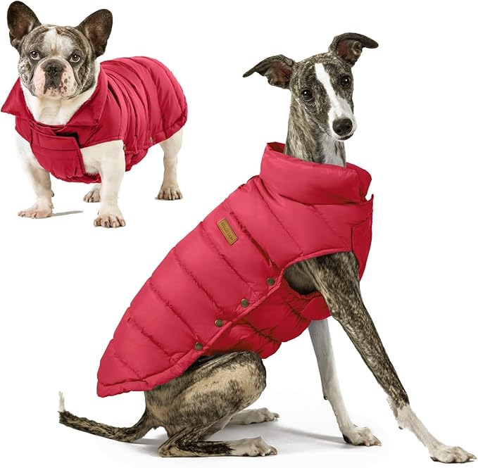 SPACE LION Dog Puffer Jacket, Down Winter Coat, Durable Outdoor Coat for Cold and Windy Conditions, Waterproof, Lightweight Jacket, Adjustable Fit for Small, Medium, Large Dogs(Red,14/L)