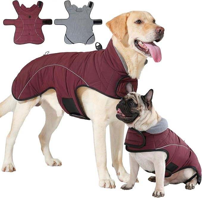 HEYWEAN Dog Winter Coat - Waterproof Windproof Reflective Vest for Medium & Large Breeds Adjustable Warm FleeceLined Jacket with Magic Tape & D-Ring for Leash Cold Weather Apparel (Red, Large)