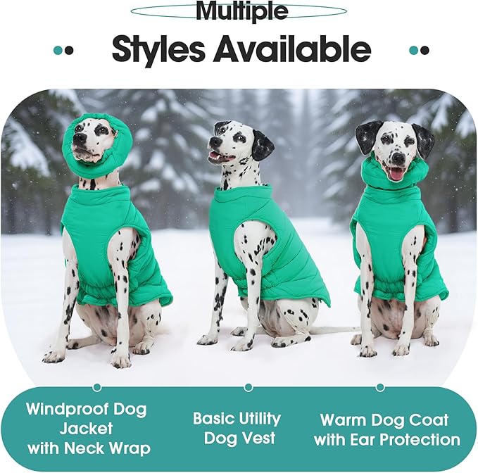 Large Dog Winter Coat with Back Zipper & Detachable Scarf, Waterproof Warm Female Dog Snow Jacket, Dogs Puffer Vest for Golden Retriever, German Shepherd, Green 2XL
