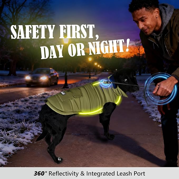 Dog Winter Jacket Waterproof, Reflective Fleece Lined Dog Coats for Small Medium Large Dogs, Warm Snow Coat for Dogs, Insulated Cold Weather Dogs Puffer Jackets with Leash Hole, Olive, 3XL