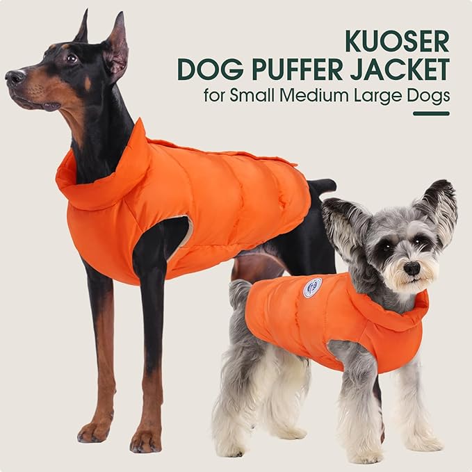 Kuoser Dog Coat Warm Dog Puffer Jacket, Windproof Dogs Padded Vest Lightweight Cold Weather Coats Pet Snowsuit Soft Puppy Winter Clothes for Extra Large Dogs, Button Design, Easy On/Off, Orange 2XL