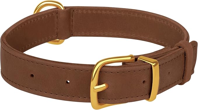 Leather Dog Collar - Heavy Duty Adjustable Soft Padded Pet Collars for Small Medium Large Dogs Breed - Black Green Brown Pink Red Blue (Cognac, M, 12"-15" Neck Fit)