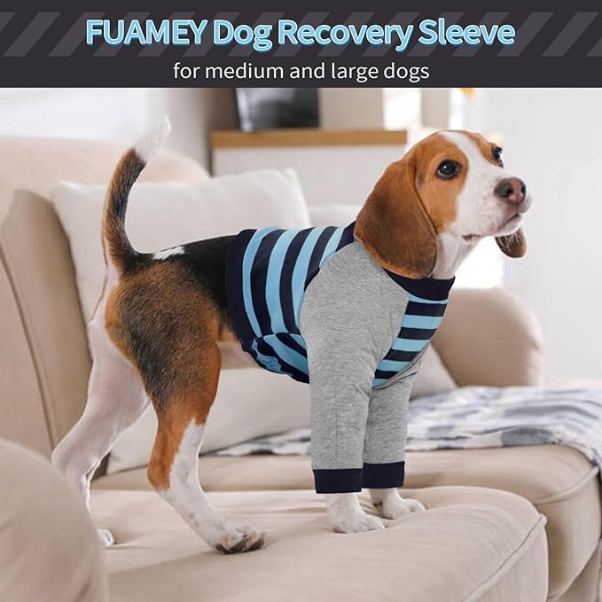 FUAMEY Dog Recovery Sleeve with Elbow Protector,Dogs Shirt Stop Licking Joints,Pet Long Sleeve Suit Protecting Dog's Front Leg Arm Wounds Cover Skin Conditions Blue Stripe L