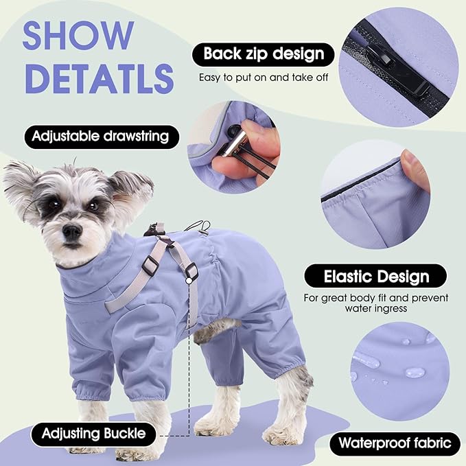 BRKURLEG Dog Raincoat for Small Dogs, Small Dog Rain Jacket with Harness Built in, Waterproof 4 Legs Puppy Raincoats, Puppy Outdoor Jacket with Reflective Strip, Purple, L