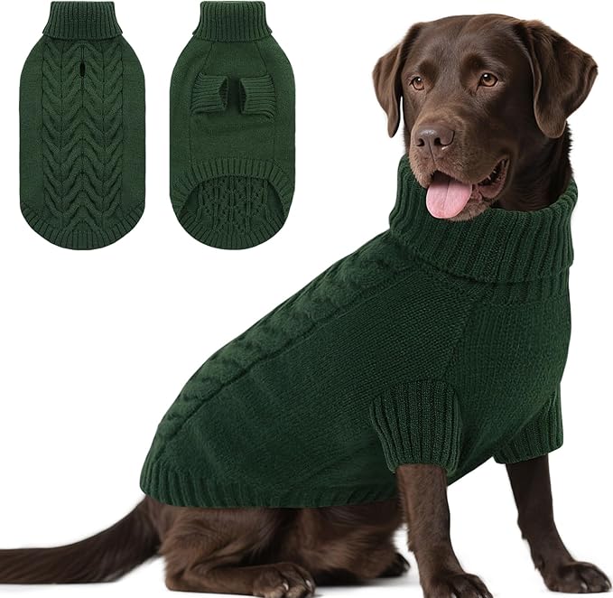 Dog Sweaters for Large Dogs Classic Turtleneck Dog Christmas Sweater Thick Warm Pullover Male Puppy Pet Stretch Knitwear Fall Winter Clothes with Leash Hole(Green, XL)