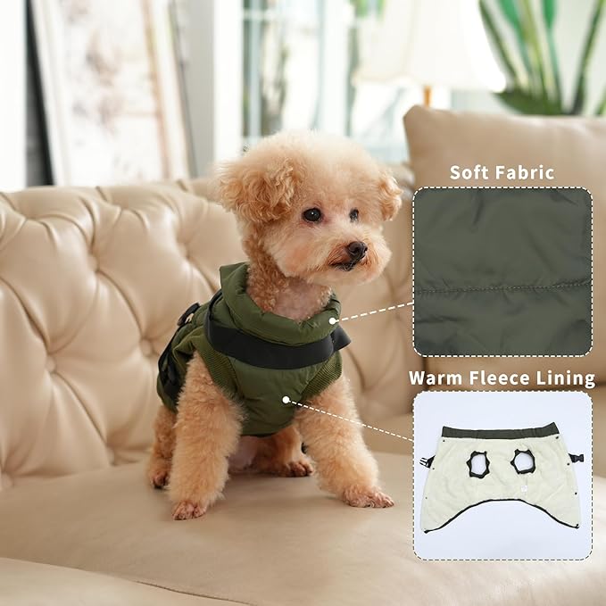 Dog Jacket with Harness,Fleece Lined Warm Puppy Coat for Winter,Soft Windproof Large Dog Vest,Green XXL