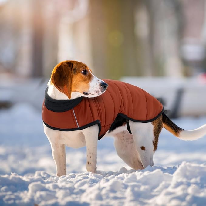IDOMIK Dog Winter Coat, Warm Waterproof Dog Puffer Jacket with Harness Hole, Adjustable Reflective Snow Jacket Vest with Turtleneck, Pet Cold Weather Coats for Large Dogs,Caramel,3XL