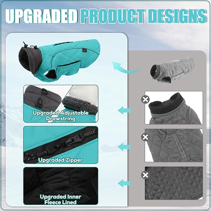 EMUST Winter Coat for Large Dogs, Windproof Dog Jacket for Cold Weather, Extra Warm Dog Winter Clothes for Small Medium Large Dogs, Turquoise, XXL