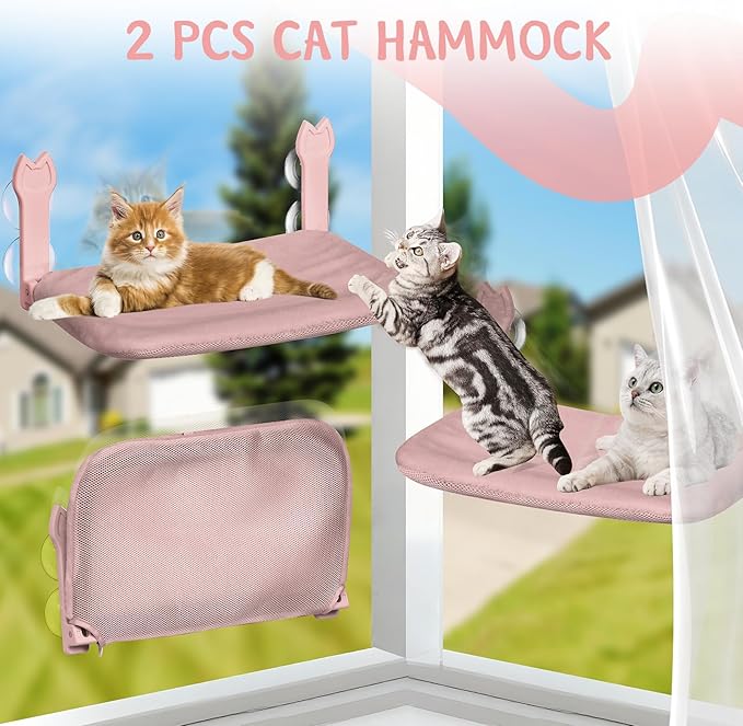 Cat Window Hammock 2-Pack,Foldable Cat Perch with Suction Cups & Metal Frame,Holds up to 40 lbs - Durable & Secure for Cats,Features 2-Sided Cushion & Easy Storage for Sunny Lounging(Brown)