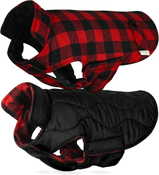 VIVAGLORY Softjoy Dog Coat, Dog Jacket for Winter & Christmas, Coat with Harness Hole & Velcro Closure, Reversible Plaid Checkered Warm Fluffy Heavy Duty for Puppy, L, Red Black