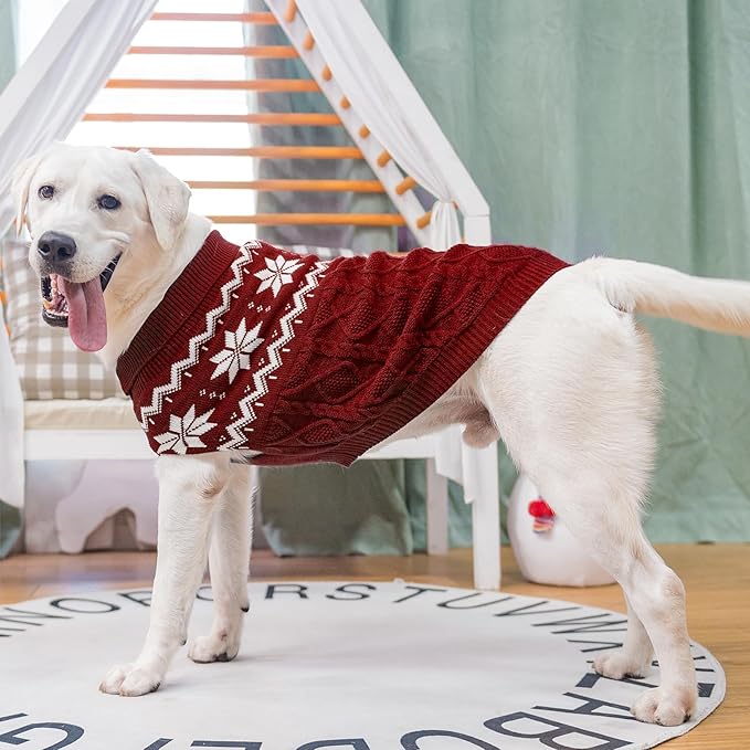 Warm Winter Pink Dog Sweater - Cold Weather Pet Clothes for Small Medium Large Dogs Indoor Outdoor, Soft Classic Knit Puppy Apparel Coat, Dark Red, XL