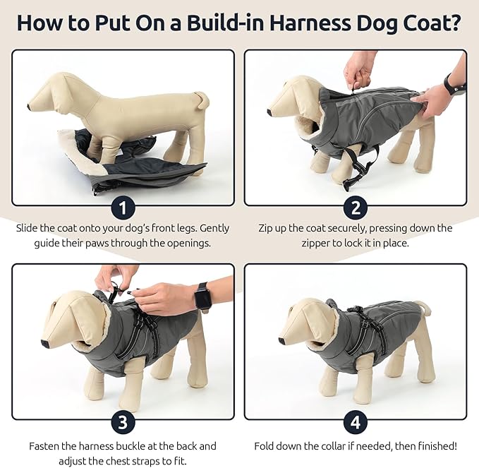 Dog Winter Coat with Harness Built in Warm Puffer Dog Jackets for Small Medium Large Dogs Windproof Waterproof Outfit with Plush Lining and Reflective Stripes (Grey, XL)