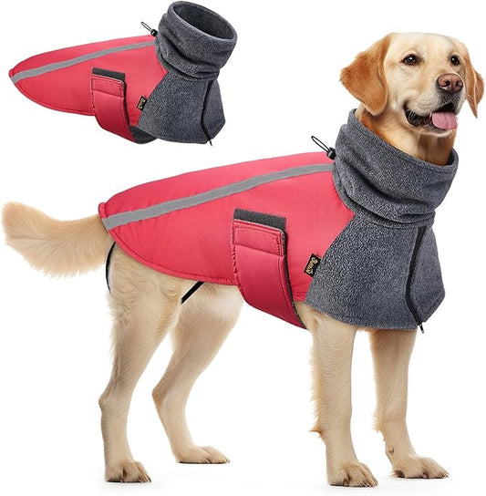 SlowTon Winter Dog Coat, Warm Polar Fleece Lining Doggie Outdoor Jacket with Turtleneck Scarf Reflective Stripe Adjustable Waterproof Windproof Puppy Vest Soft Pet Outfits (XL,Red)