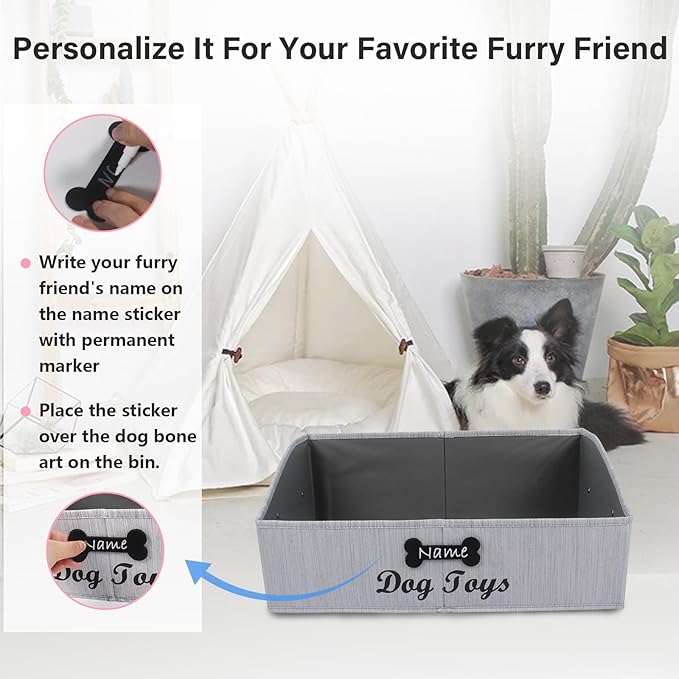 Large Dog Toy Basket Collapsible Dog Toy Box Fabric Trapezoid Dog Toy Bin Storage for organizing pet Toys/Blankets/leashes/Rope Toys/Clothing-Can be Personalized-Slub Gray