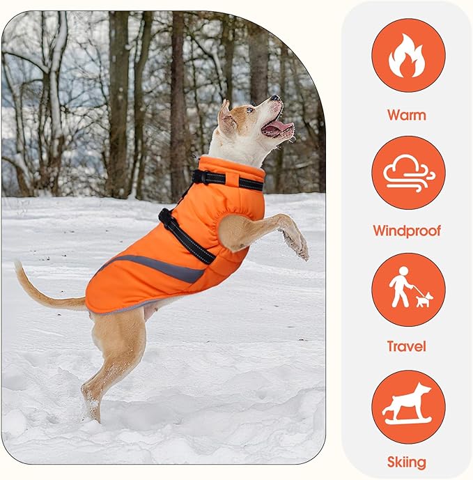 BRKURLEG Dog Winter Jackets for Large Dogs, Dog Coat with Harness Built in, Dogs Snowsuits with Zipper, Waterproof Windproof Pet Puffer Jacket Fleece Vest for Beagle, Pitbull, Orange XL