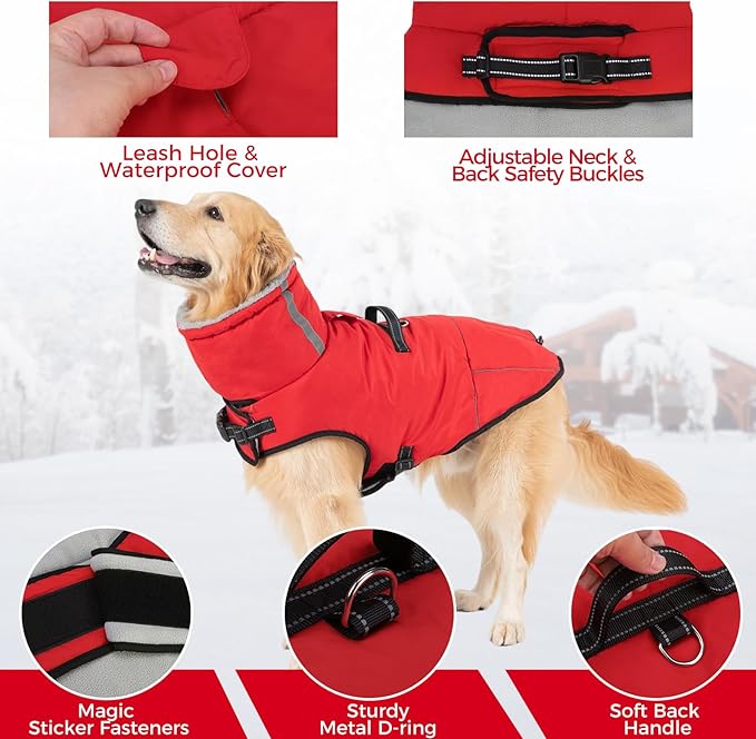 Mihachi Dog Coat for Large Dogs, Warm Dog Winter Coat Waterproof Dogs Jacket with Harness Built in Reflective Pet Fleece Vest, Puppy Cold Weather Coats Turtleneck & Windproof Pet Snowsuit, Red XXL