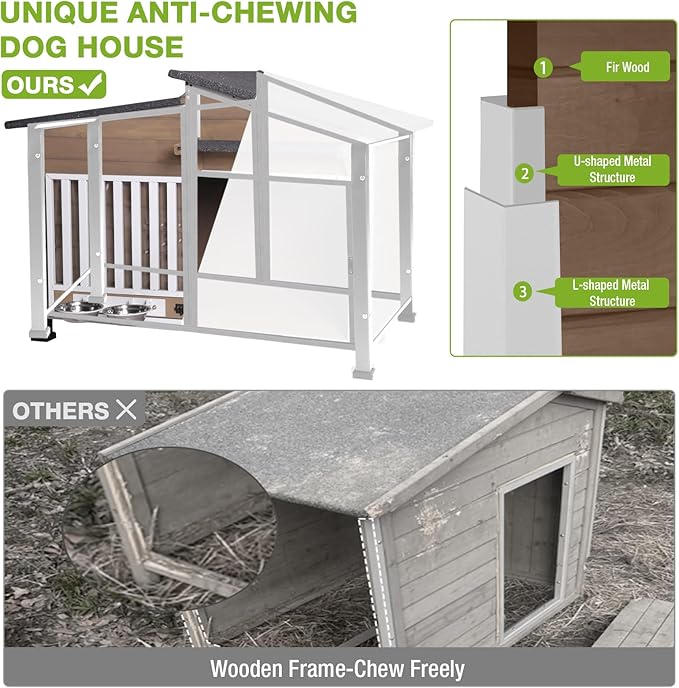 Dog House Outdoor for Large Breed with Anti-Chewing Iron Frame, Weatherproof Puppy Kennel with 360° Rotating Bowls, Dog Crate for Small & Medium Dogs Outside (Light Brown)