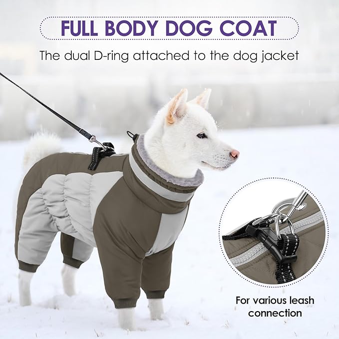 SUNFURA Full Body Dog Coat - Warm Fleece Jacket for Small Dogs, Turtleneck Winter Coats with Harness, Reflective Dog Snowsuit Windproof Puffer Jackets with Legs for Pug, Jack Russel, Army Green S