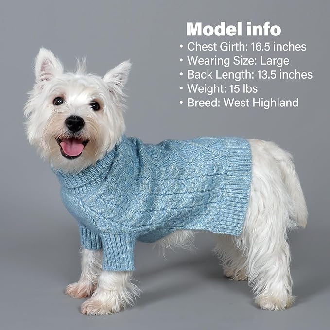 KYEESE Dog Sweater Long Sleeve Pet Coats Turtleneck Dog Sweater for Small Medium Dogs Stretchy Dogs Clothes with Classic Cable Knit for Cold Weather, Blue, X-Large