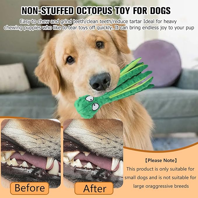 Dog Squeaky Toys Octopus, No Stuffing Plush Toys, Squeaky Octopus Dog Toy - Durable Plush for Puppies, Interactive Dogs Toys for Aggressive Chewers (Purple+Green)