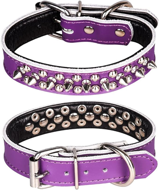 Adjustable Genuine Leather Spiked Studded Dog Collars for Small Medium Large Pets Like Pit Bull Bulldog Pugs Husky (L, Purple)