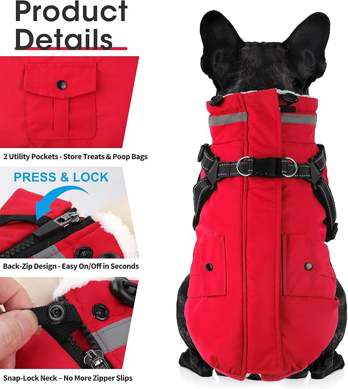 Dogcheer Dog Coat with Harness, Waterproof Warm Dog Winter Jacket with Pockets, Reflective Pet Fleece Jacket Turtleneck Snowsuit for Small Medium Large Dogs - Red, XL