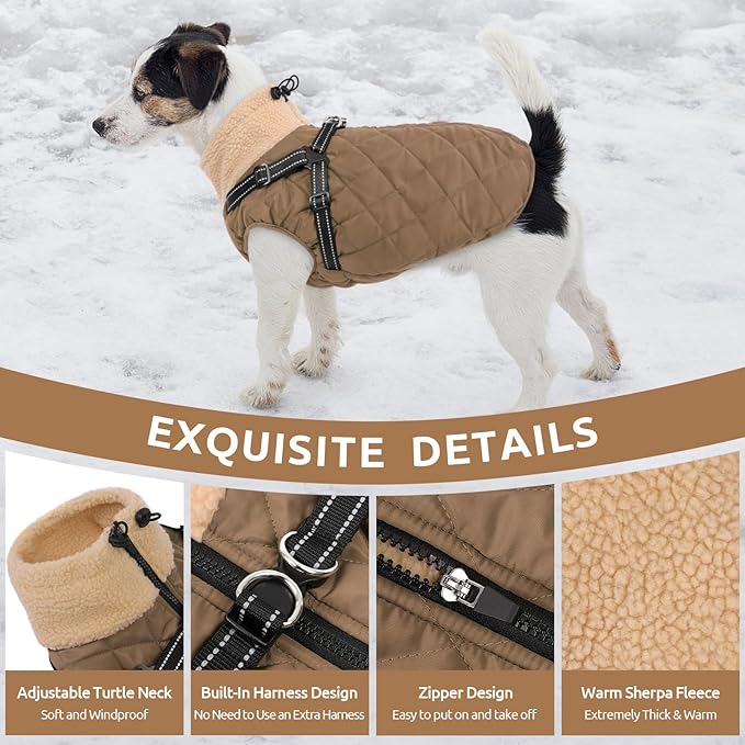 Queenmore Dog Coats for Large Dogs, Dog Jacket, Warm Fleece Winter DogCoat with Harness Built in, Back Zipper Pet Jacket for Large Breeds, Thick Fleece Lining Pet Snowsuit, Brown 2XL