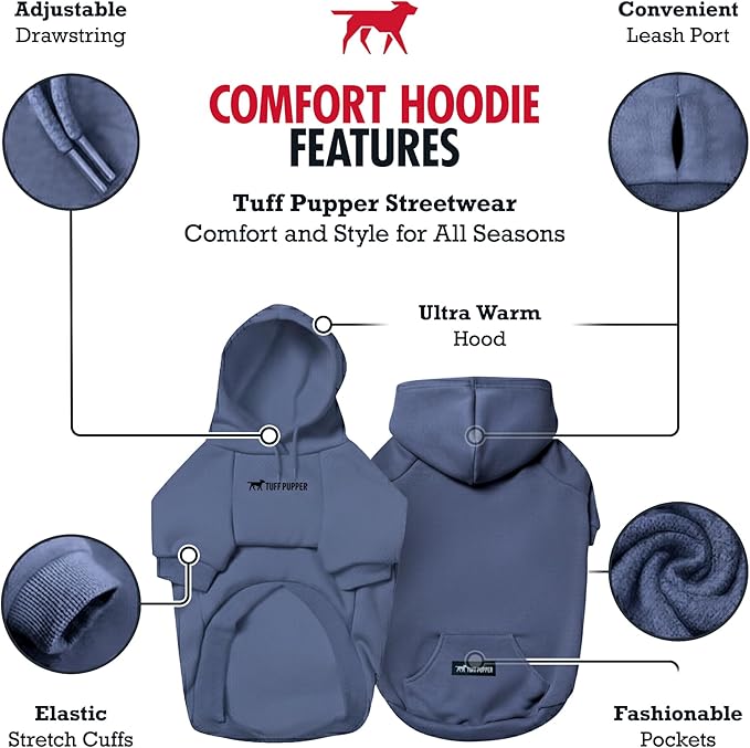 Tuff Pupper Dog Hoodie | Premium Quality 100% Organic Cotton | Ultra Soft Interior for Superior Comfort | Elastic Cuffs & Drawstring for Warmth | Stretch Fit Suitable for All Breeds (Blue, XXS)