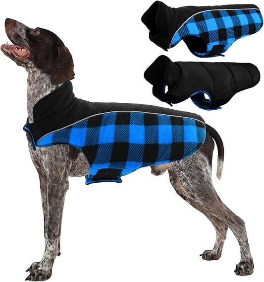 Kuoser Dog Winter Coat, Reversible Waterproof Dog Jacket with Reflective Strip, Warm Dogs Fleece Vest Adjustable Doggy Cold Weather Clothes Plaid Christmas Outfit Pet Apparel for Large Dogs, Blue L
