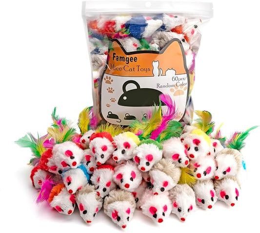 60 PCS Furry Cat Toys Squeak Mouse Rattle Mice Cat Catcher Pet Toys with Feather Tails (Random Color)