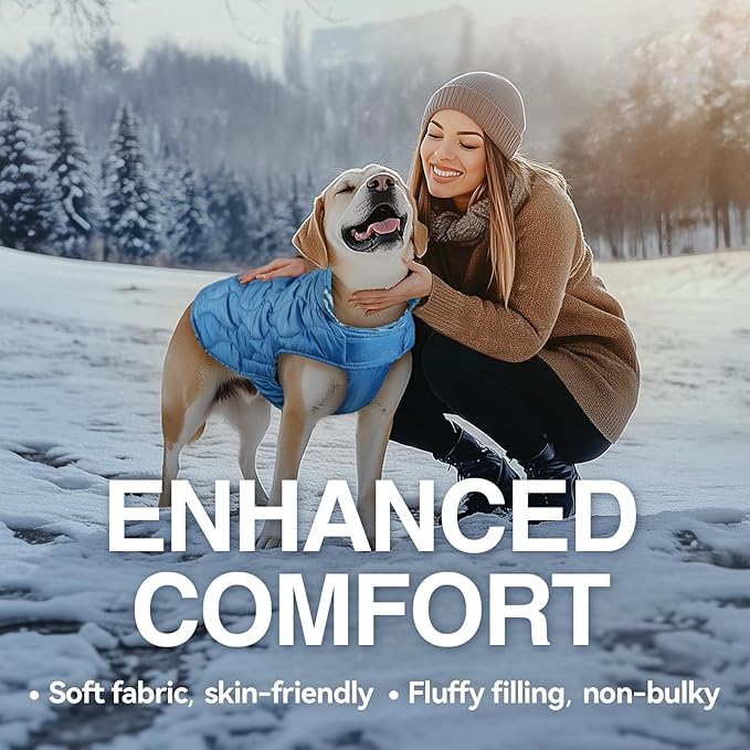 VIVAGLORY Softjoy Dog Coat, Dog Jacket for Winter & Christmas, Coat with Harness Hole & Velcro Closure, Reversible Plaid Checkered Warm Fluffy Heavy Duty for Puppy, S, Blue