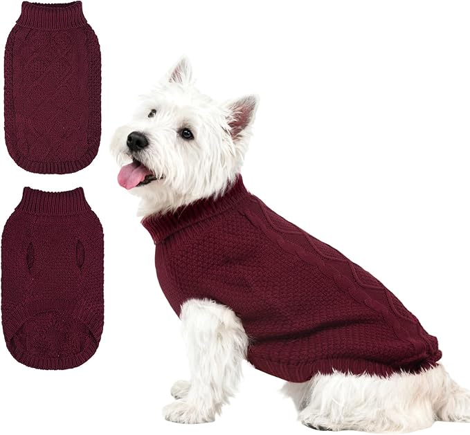 Mihachi Turtleneck Dog Sweater - Winter Coat Apparel Classic Cable Knit Clothes with Leash Hole for Cold Weather, Ideal Gift for Pet in New Year Wine Red Small