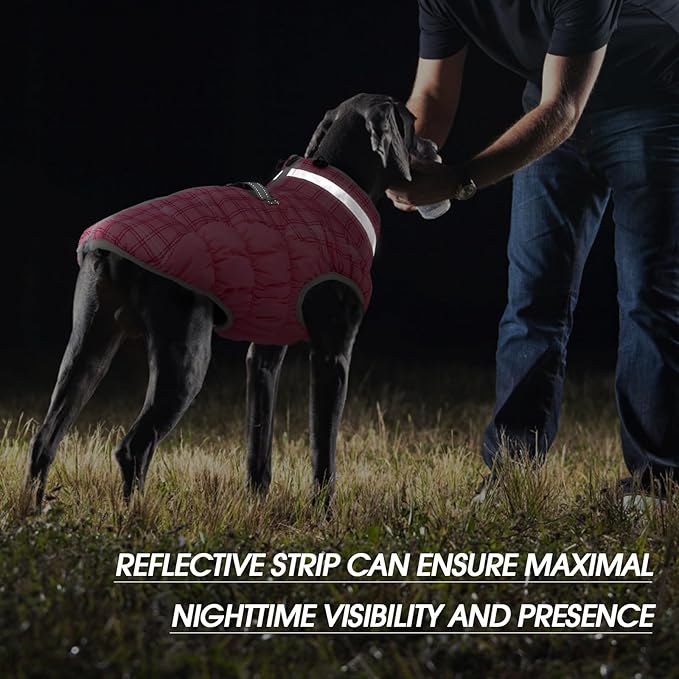 FUAMEY Dog Coat for Large Dogs,Waterproof Dog Winter Jacket with Harness Built in Puppy Cold Weather Coats Reflective Pet Vest with Zipper Warm Fleece Dogs Snowsuit Windproof Rose Plaid L