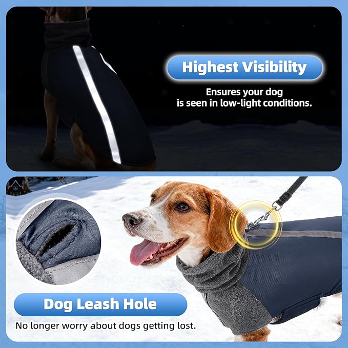 SlowTon Winter Dog Coat, Warm Polar Fleece Lining Doggie Outdoor Jacket with Turtleneck Scarf Reflective Stripe Adjustable Waterproof Windproof Puppy Vest Soft Pet Outfits (L,Dark Blue)