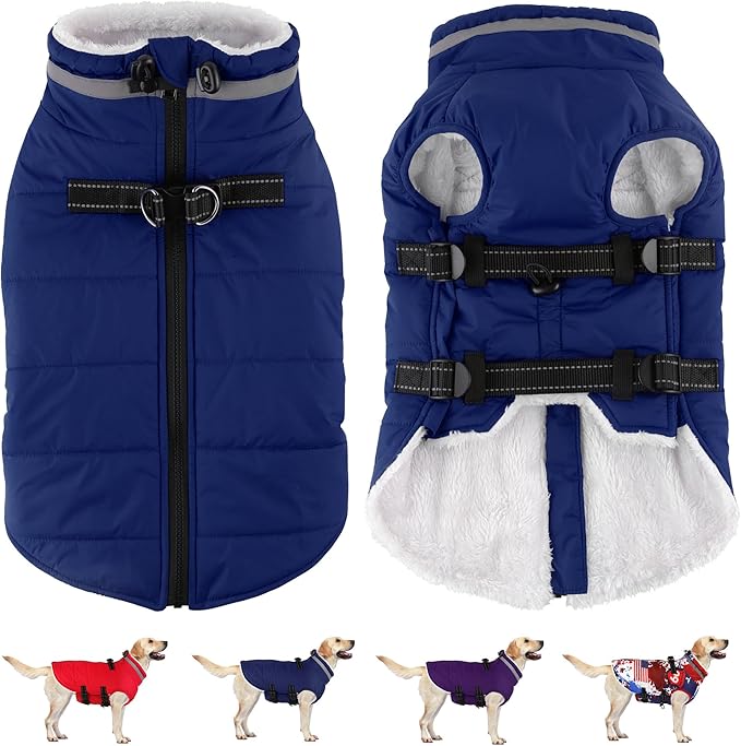 Dogcheer Dog Coat, Waterproof Dog Jacket with Harness, Reflective Adjustable Puppy Winter Coat with Zipper, Christmas Snow Jacket Clothes for Small Medium Large Dogs - Blue M