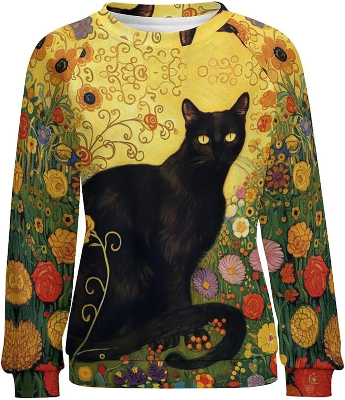 Long Sleeve Shirts for Women Cat Oil Painting Shirt 3D Graphic Sweatshirts Fall Pullover Crewneck Vintage Boho Tops