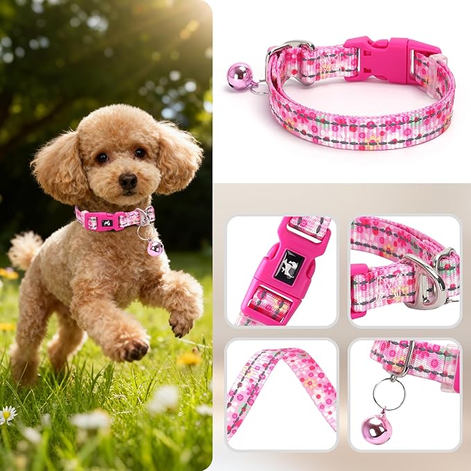 Pink Small Dog Collar with Bell - Reflective Soft Kitten-Safe Collar for Tiny Dogs, Adjustable Flower Pattern Nylon Collar for Teacup Chihuahua Pomeranian Kittens (Small Flower)