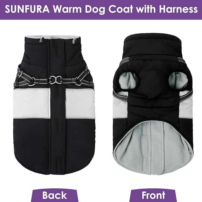 SUNFURA Small Dog Coat with Harness Built in, Warm Dog Jacket Winter with Zipper On Back, Waterproof Pet Snow Jacket Snowsuit Pet Sweater Clothes for Schnauzer, Yorkshire Terrier, Black S